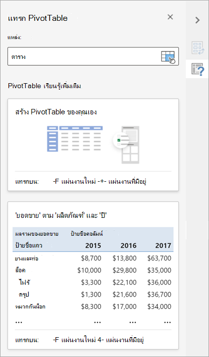 บานหน้าต่างแทรก PivotTable ช่วยให้คุณตั้งค่าแหล่งข้อมูล ปลายทาง และลักษณะอื่นๆ ของ PivotTable