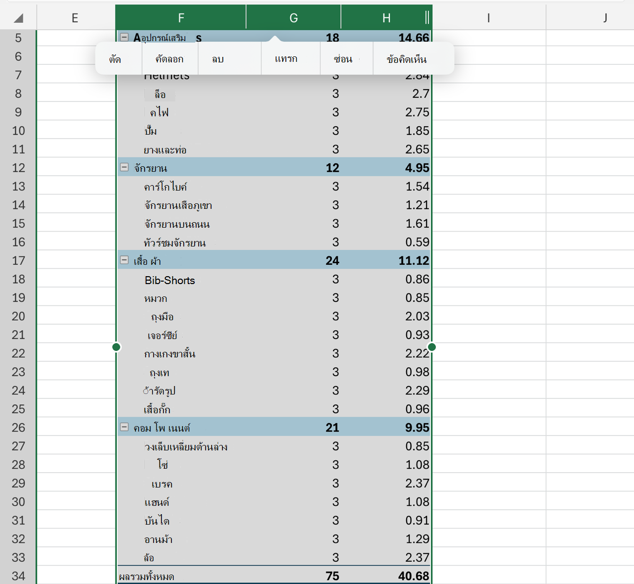 ลบคอลัมน์ที่ขยาย PivotTable บน iPad