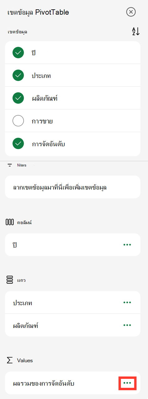 จุดไข่ปลาค่าของเขตข้อมูล PivotTable บน iPad