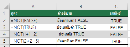 ตัวอย่างของฟังก์ชัน NOT เพื่อย้อนกลับอาร์กิวเมนต์ เช่น =NOT(1+1=2)