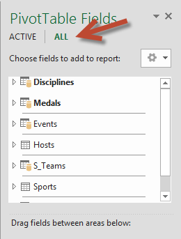 คลิก ทั้งหมดในเขตข้อมูล PivotTable เพื่อแสดงตารางทั้งหมดที่พร้อมใช้งาน