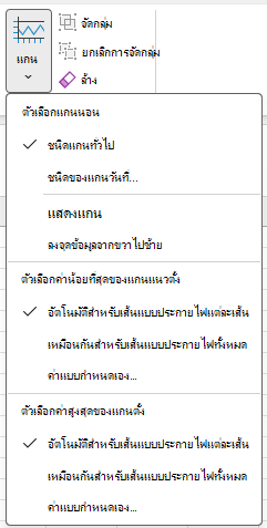 สกรีนช็อตที่แสดงปุ่ม แกน บนแท็บ ออกแบบ ของ เครื่องมือเส้นแบบประกายไฟ