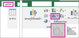 คำสั่ง ฮิสโทแกรม สามารถเข้าถึงได้จากปุ่ม แทรกแผนภูมิทางสถิติ