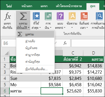 คุณสามารถใช้ตัวช่วยสร้างผลรวมอัตโนมัติเพื่อสร้างสูตรผลรวมโดยอัตโนมัติ เลือกช่วงที่อยู่เหนือ/ต่ํากว่า หรือซ้าย/ขวาของช่วงที่จะนํามารวมผล แล้วไปที่แท็บ สูตร บน Ribbon จากนั้นเลือก ผลรวมอัตโนมัติ & SUM