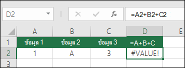 ตัวอย่างของการสร้างสูตรไม่ดี สูตรในเซลล์ D2 คือ =A2+B2+C2