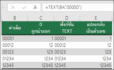 ตัวอย่างของการใช้ TEXT เพื่อจัดรูปแบบเลขศูนย์นําหน้า =TEXT(A2,00000)