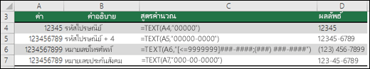 รูปแบบพิเศษสําหรับฟังก์ชัน TEXT