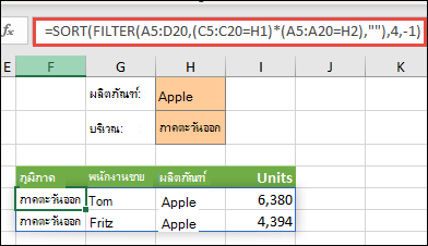 ใช้ FILTER พร้อมฟังก์ชัน SORT เพื่อส่งกลับค่าทั้งหมดในช่วงอาร์เรย์ของเรา (A5:D20) ที่มีแอปเปิลและอยู่ในภูมิภาคตะวันออก จากนั้นจึงจัดเรียงหน่วยจากมากไปหาน้อย