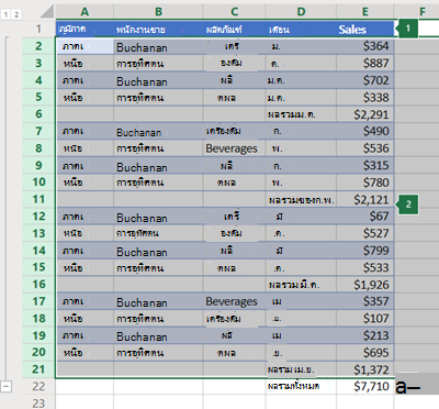 เค้าร่างของแถวใน Excel Online