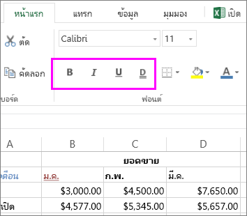 กลุ่ม ฟอนต์ ของปุ่มสำหรับใช้ในการเปลี่ยนสไตล์ฟอนต์ในเซลล์