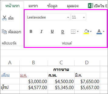ปุ่มการตั้งค่าฟอนต์บน Ribbon