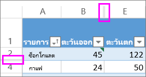 เส้นคู่ระหว่างแถวและคอลัมน์จะแสดงแถวหรือคอลัมน์ที่ซ่อนอยู่
