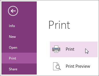 คุณสามารถพิมพ์หน้า OneNote จากเมนู พิมพ์