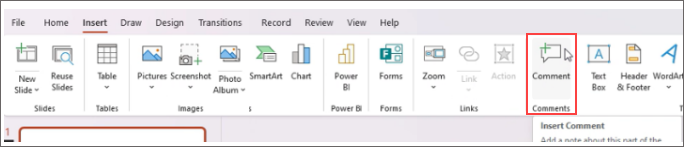สกรีนช็อตที่แสดงการ เพิ่มข้อคิดเห็น บน Ribbon ของ PowerPoint