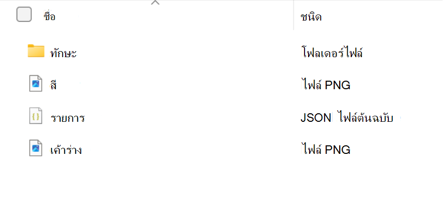 สกรีนช็อตที่แสดงเนื้อหาของโฟลเดอร์แพคเกจทักษะ: โฟลเดอร์ทักษะ และไฟล์ color.png, manifest.json และ outline.png