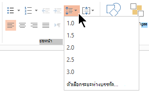 ตัวเลือกเมนู ระยะห่างบรรทัด บน Ribbon ช่วยให้คุณเลือกตัวเลือกระยะห่างหนึ่งช่อง ระยะห่างสองเท่า หรือระยะห่างบรรทัดแนวตั้งอื่นๆ