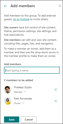 การแสดงตัวอย่างการเพิ่มสมาชิกลงในไซต์ SharePoint