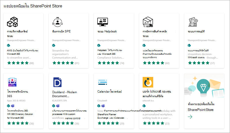 สกรีนช็อตแสดงแอปยอดนิยมบางรายการที่พร้อมให้คุณเพิ่มลงในไซต์ของคุณจาก SharePoint Store