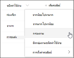 ส่วนหัวของคอลัมน์ SharePoint กรองตามตัวเลือกเมนู