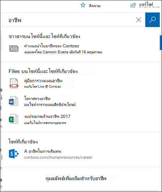 ผลลัพธ์การค้นหาบนไซต์ฮับ SharePoint