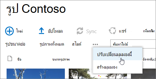 แถบมุมมองไลบรารีรูปภาพที่มี ปรับเปลี่ยนมุมมอง ถูกเลือก