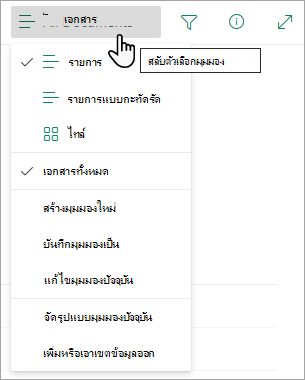 รายการจํานวนมากมีมุมมองอื่นๆ ที่คุณสามารถเลือกได้โดยใช้เมนูตัวเลือกมุมมอง