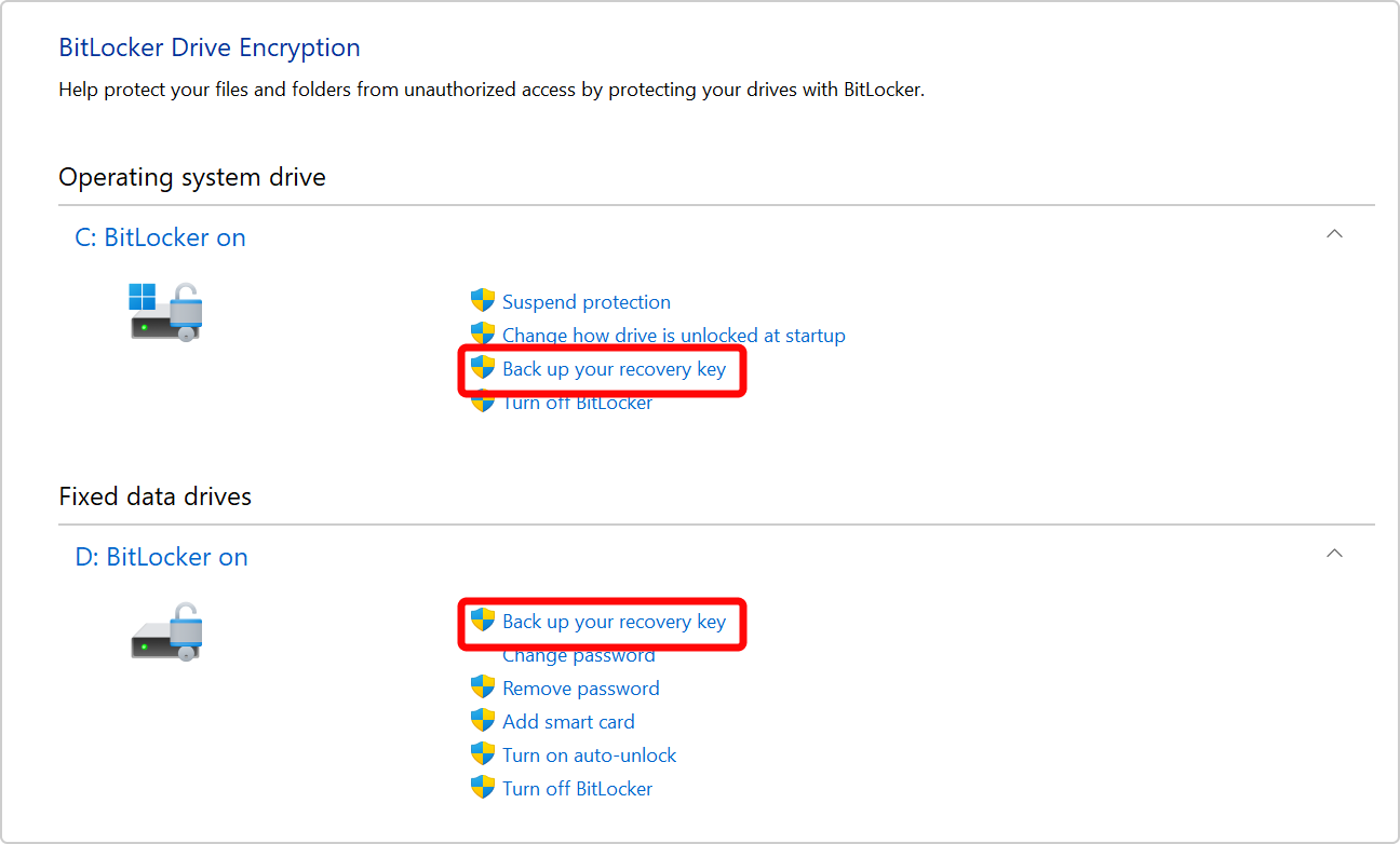 สกรีนช็อตของแผงควบคุมที่แสดงตัวเลือกในการสํารองข้อมูลคีย์การกู้คืน BitLocker สําหรับทั้งไดรฟ์ระบบปฏิบัติการและไดรฟ์ข้อมูล