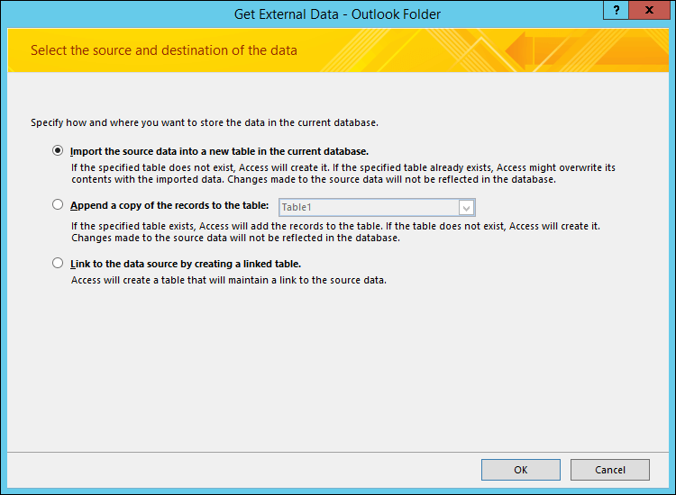 เลือกเพื่อนำเข้า ผนวก หรือลิงก์ไปยังโฟลเดอร์ Outlook