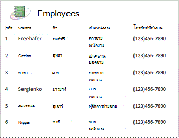 รายงานพนักงานในเค้าโครงแบบตาราง