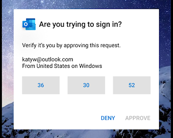 สกรีนช็อตแสดง Outlook Mobile ขอให้คุณยืนยันหมายเลขเมื่อลงชื่อเข้าใช้