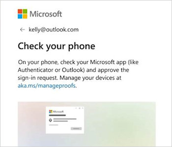 สกรีนช็อตแสดงพร้อมท์การลงชื่อเข้าใช้พร้อมข้อความที่บอกว่าตรวจสอบแอป Outlook ของคุณ