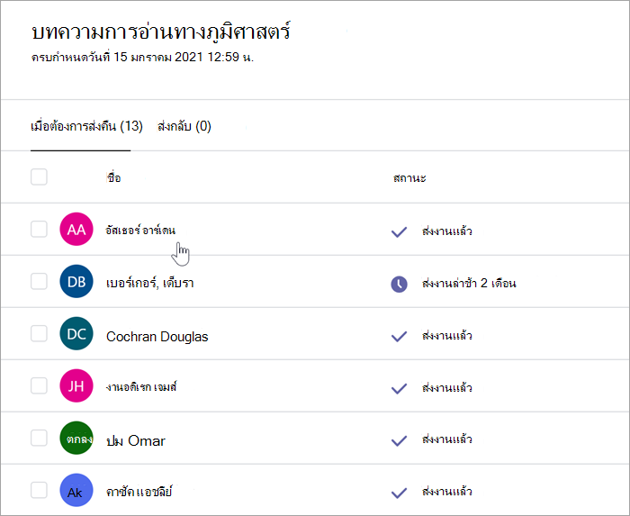 สกรีนช็อตของบานหน้าต่างการจัดเกรดของครูอ่านว่า: บทความการอ่านทางภูมิศาสตร์ ครบกําหนดวันที่ 15 มกราคม 2021 เวลา 12:59 น. มีสองแท็บ เพื่อส่งกลับ (13) และส่งคืน (0) มีการเลือกมุมมองของแท็บส่งคืน และมองเห็นสองคอลัมน์ ชื่อและสถานะ ชื่อนักเรียนจํานวนหนึ่งจะแสดงเป็นรายการและสถานะของงานจะส่งล่าช้า 2 เดือนและดู