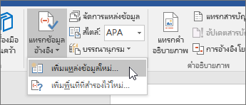 ชี้ไปที่แทรกข้อมูลอ้างอิง และเลือกเพิ่มแหล่งข้อมูลใหม่