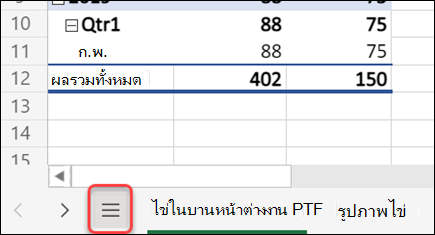 ปุ่มเมนู แผ่นงานทั้งหมด