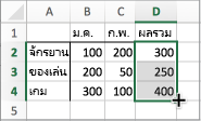 ค่าที่แสดงสำหรับเซลล์ที่ถูกกรอกข้อมูลแล้ว