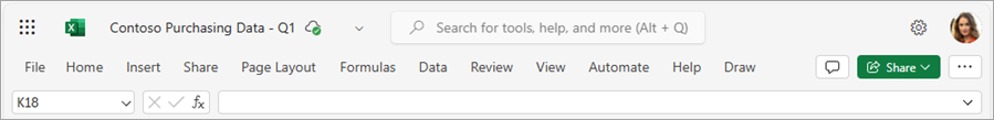 สกรีนช็อตแสดง Ribbon ของ Excel โดยไม่มีรายการคําสั่งทั้งหมดภายใต้แต่ละแท็บ