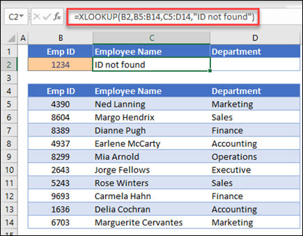 ตัวอย่างของฟังก์ชัน XLOOKUP ที่ใช้ในการส่งกลับชื่อพนักงานและแผนกโดยยึดตาม ID พนักงานที่มีอาร์กิวเมนต์ if_not_found สูตรคือ =XLOOKUP(B2,B5:B14,C5:D14,0,1,ไม่พบพนักงาน)