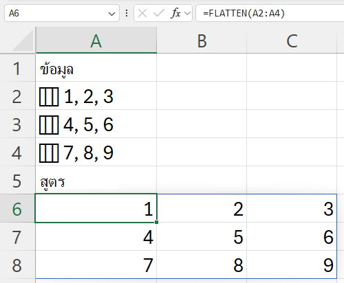 ใช้ FLATTEN กับคอลัมน์ของเซลล์ที่แต่ละคอลัมน์มีแถวซ้อนกัน ทําให้เกิดเส้นตารางแบบสามคูณสามแบบแบน