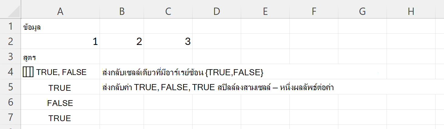 HAS จะส่งกลับค่า TRUE และ FALSE ในเซลล์อาร์เรย์ซ้อนเซลล์เดียว และ TRUE, FALSE, TRUE ลงมาสามเซลล์