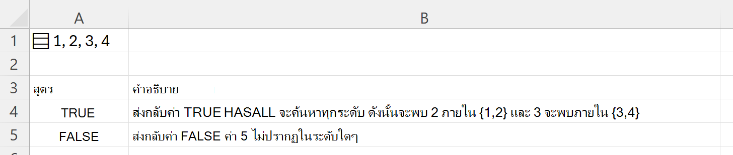 การใช้ HASALL เพื่อค้นหาภายในอาร์เรย์ซ้อนกันที่เก็บไว้ในเซลล์เดียว