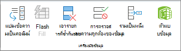 สกรีนช็อตที่แสดงกลุ่ม เครื่องมือข้อมูล บนแท็บ ข้อมูล