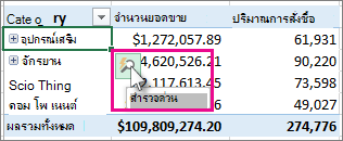 PivotTable ที่มีปุ่ม สํารวจอย่างรวดเร็ว ถูกเลือกไว้