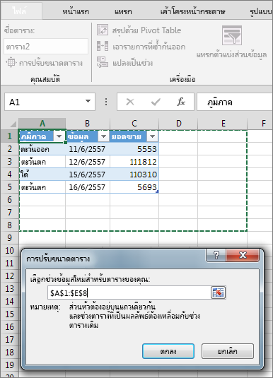 ปรับขนาดตาราง