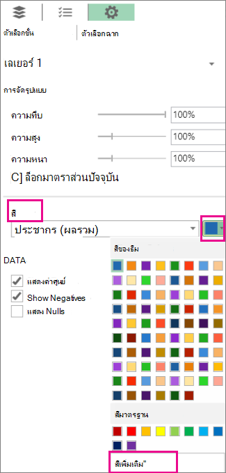 สีเพิ่มเติมบนแท็บการตั้งค่า ตัวเลือกชั้น