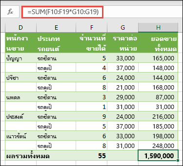 สูตรอาร์เรย์เซลล์เดียวเพื่อคํานวณผลรวมทั้งหมดด้วย =SUM(F10:F19*G10:G19)