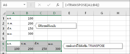 เซลล์ต้นฉบับทางด้านบน เซลล์ที่มีฟังก์ชัน TRANSPOSE ทางด้านล่าง