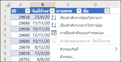 ใช้ตัวกรองตาราง Excel เพื่อเรียงลําดับจากน้อยไปหามากหรือจากมากไปหาน้อย