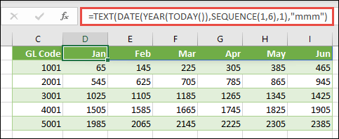 ใช้ SEQUENCE กับ TEXT, DATE, YEAR และ TODAY เพื่อสร้างรายชื่อเดือนแบบไดนามิกสำหรับแถบส่วนหัว