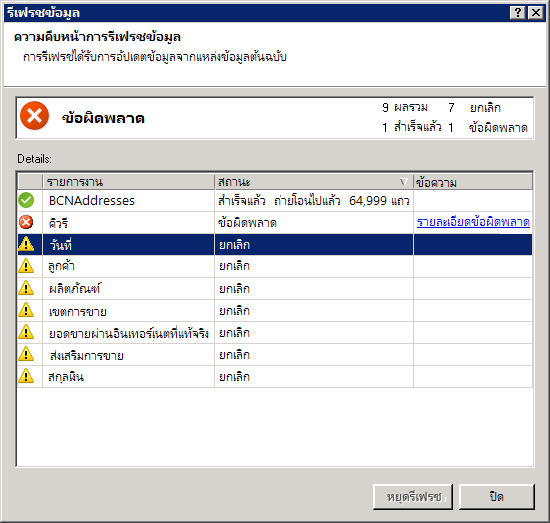 ข้อความแสดงสถานะการรีเฟรชข้อมูลใน PowerPivot
