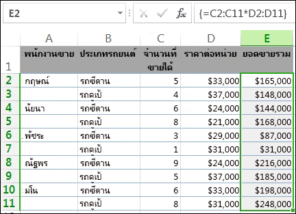 ผลรวมในคอลัมน์ E จะได้จากการคำนวณโดยสูตรอาร์เรย์